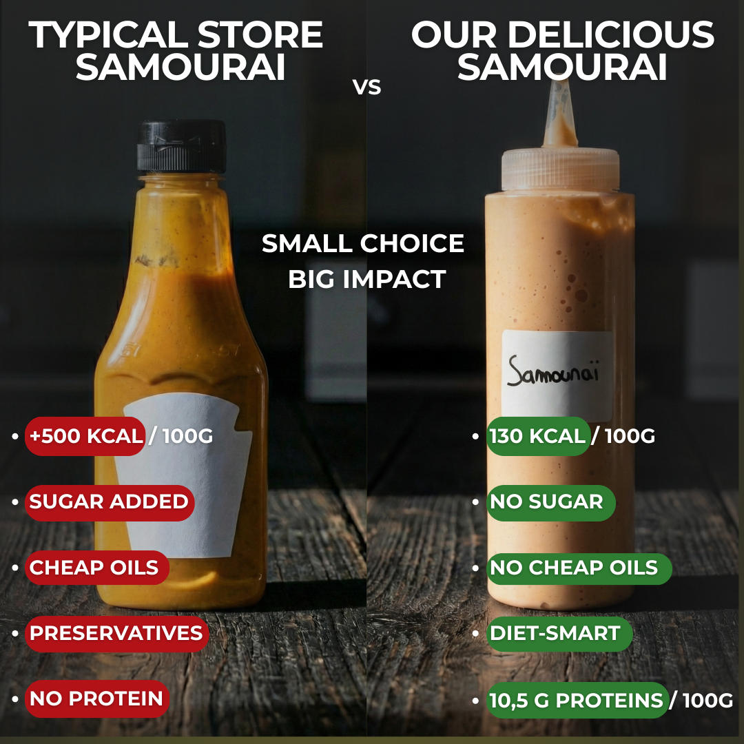 Store-bought samurai sauce compared with the CookWithSouf version, 500 kcal versus 130 kcal per 100 g